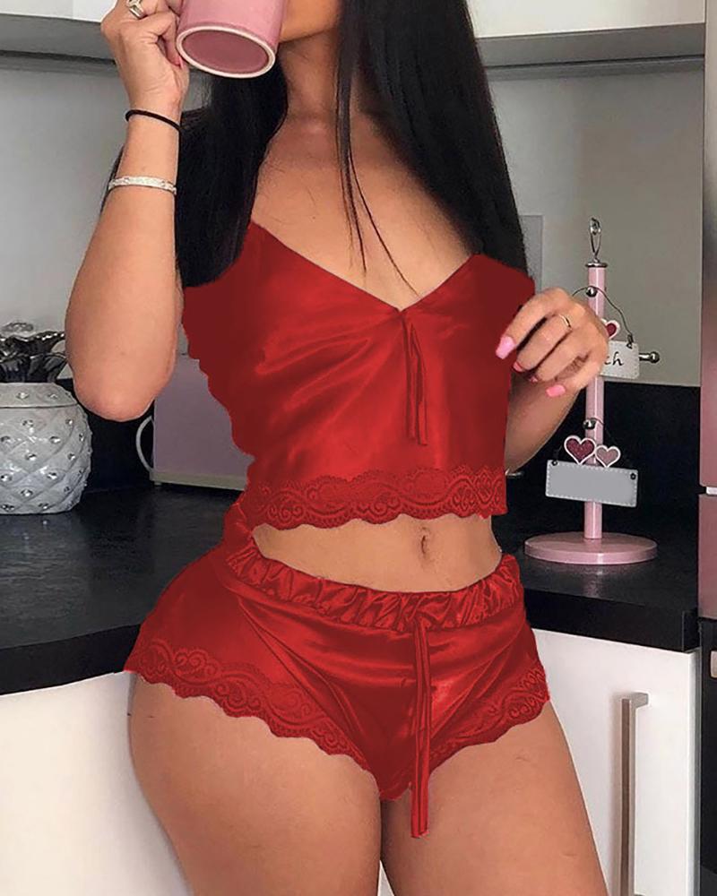 

Lace Trim Plain Drawstring Cami Set, Red