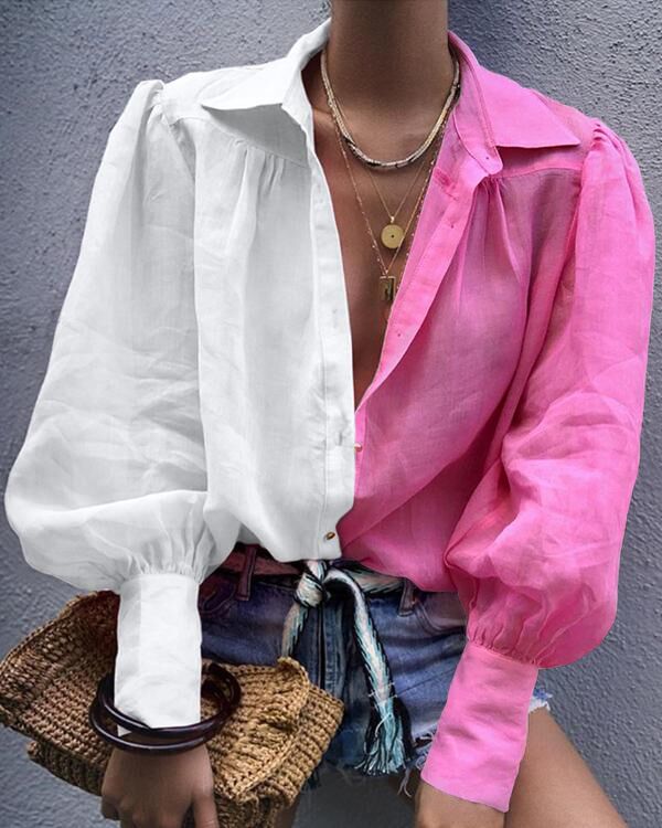 

Colorblock Lantern Sleeve Women Blouse, Pink