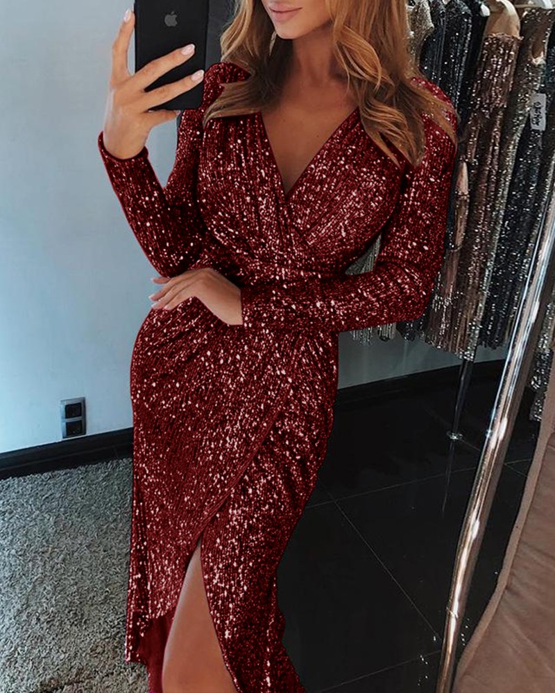 wrap ruched irregular sequin party dresses