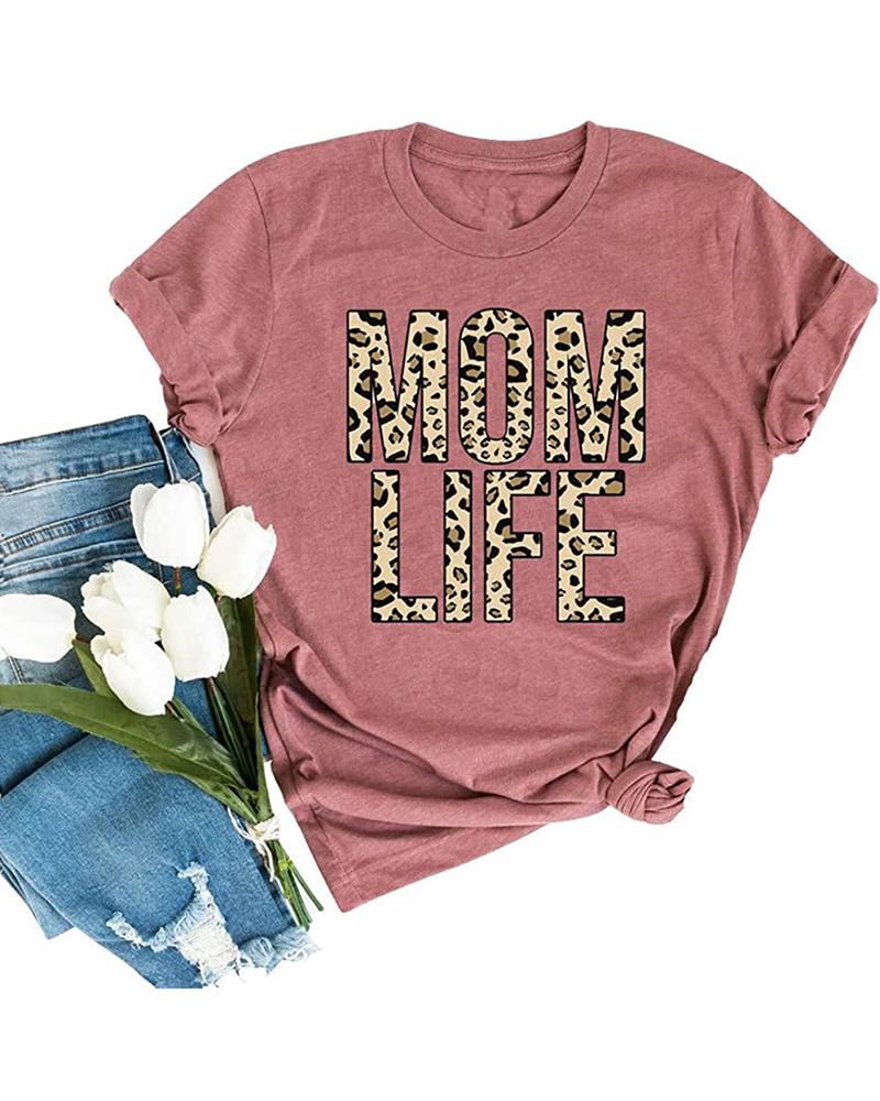 

Mother' Day Leopard Letter Print Casual T-Shirt, Red