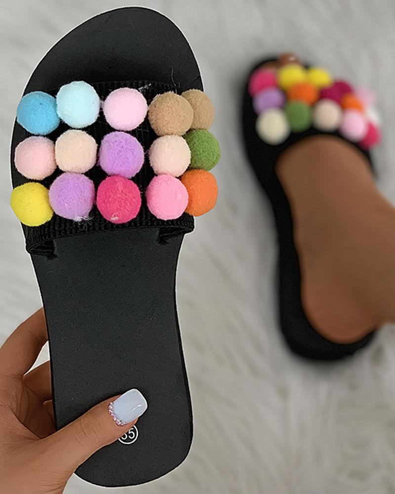 

Colorblock Pom Pom Open Toe Flat Sandals, Black