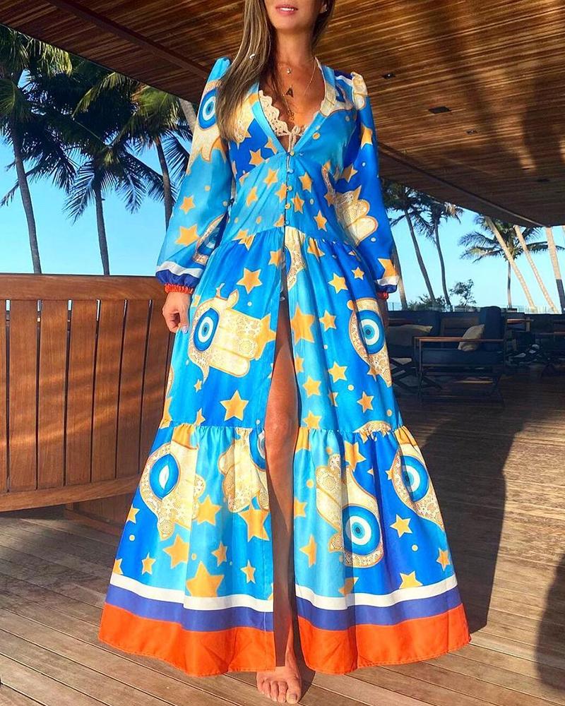 

Funny Cartoon Print High Slit Button Design Maxi Dress, Blue