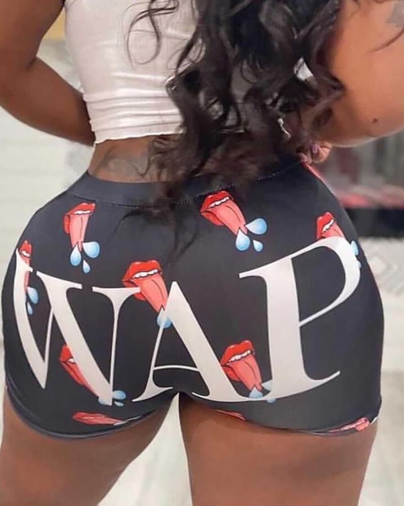 

Letter Lip High Waist Skinny Sporty Shorts, Black