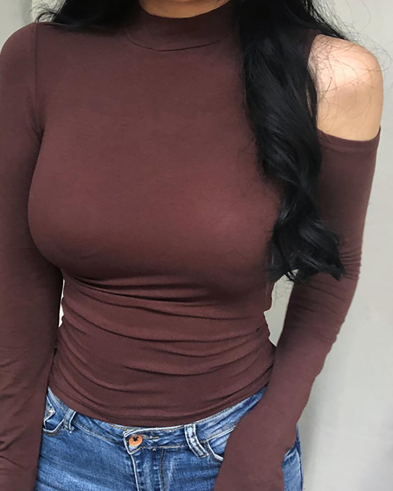 

Long Sleeve Cold Shoulder Casual T-shirt, Coffee