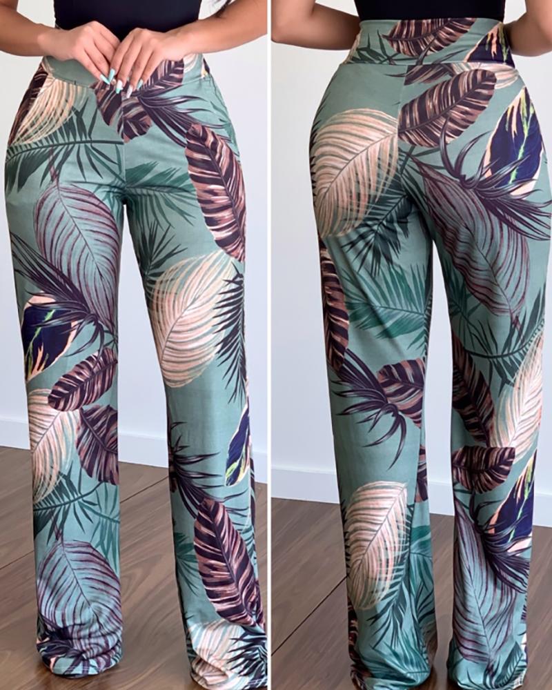 

Tropical Print High Waist Pants, Green