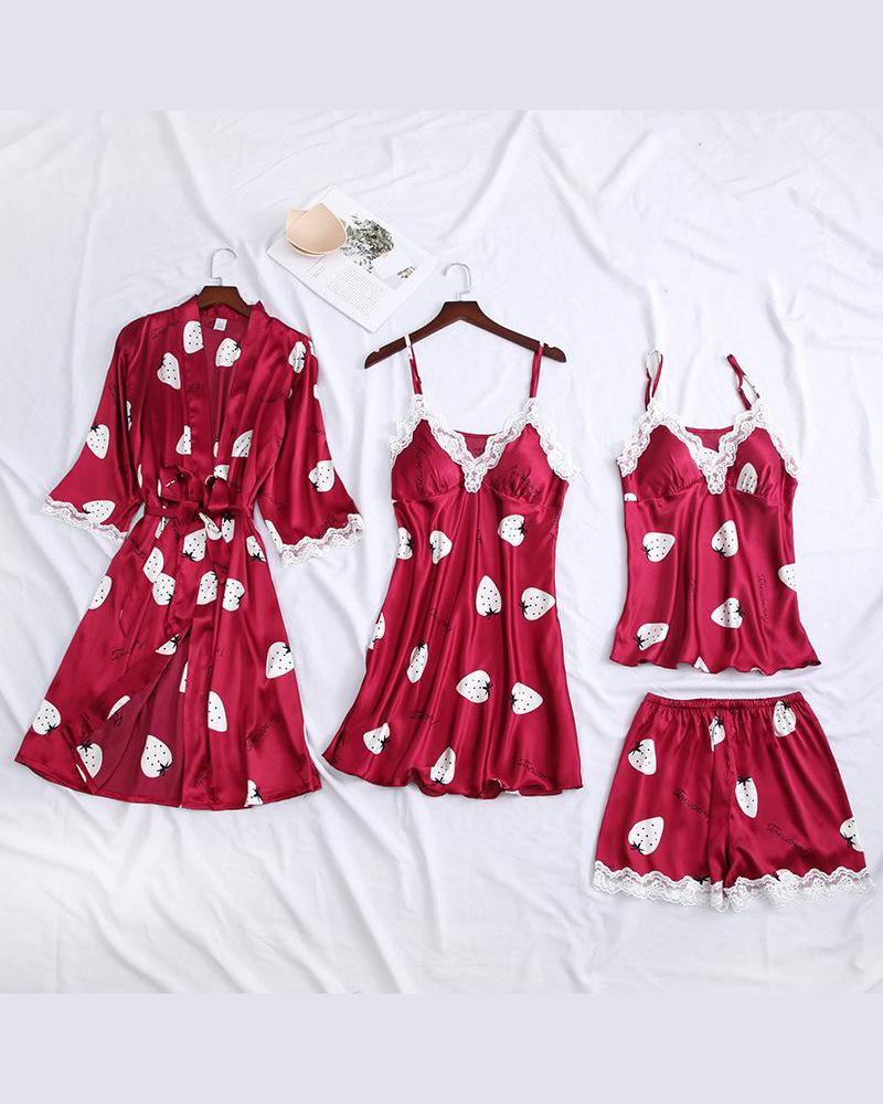 

Strawberry Print 4Pcs Pajama Set, Red
