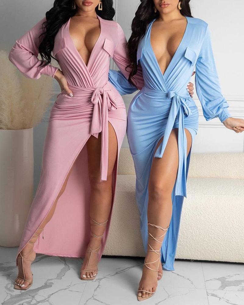 

Plain High Slit Ruched Maxi Shirt Dress, Pink