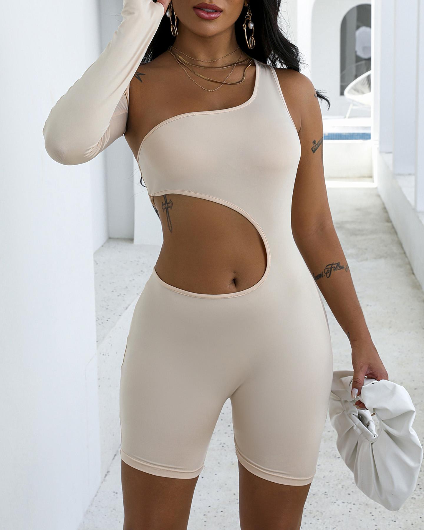 

Solid Cut Out Fitted Rompers, Nude