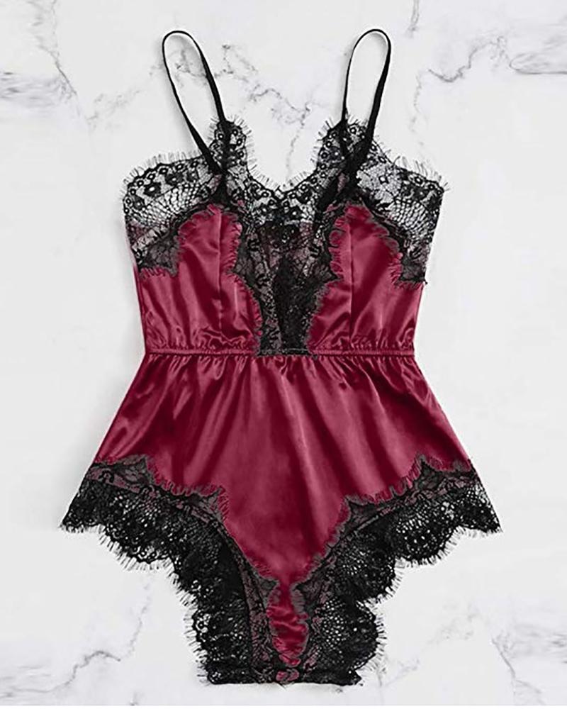 

Spaghetti Strap Lace Trim Sleepwear, Wine red