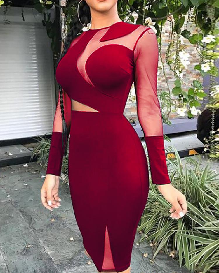 

Sheer Mesh Insert Bodycon Dress, Wine red
