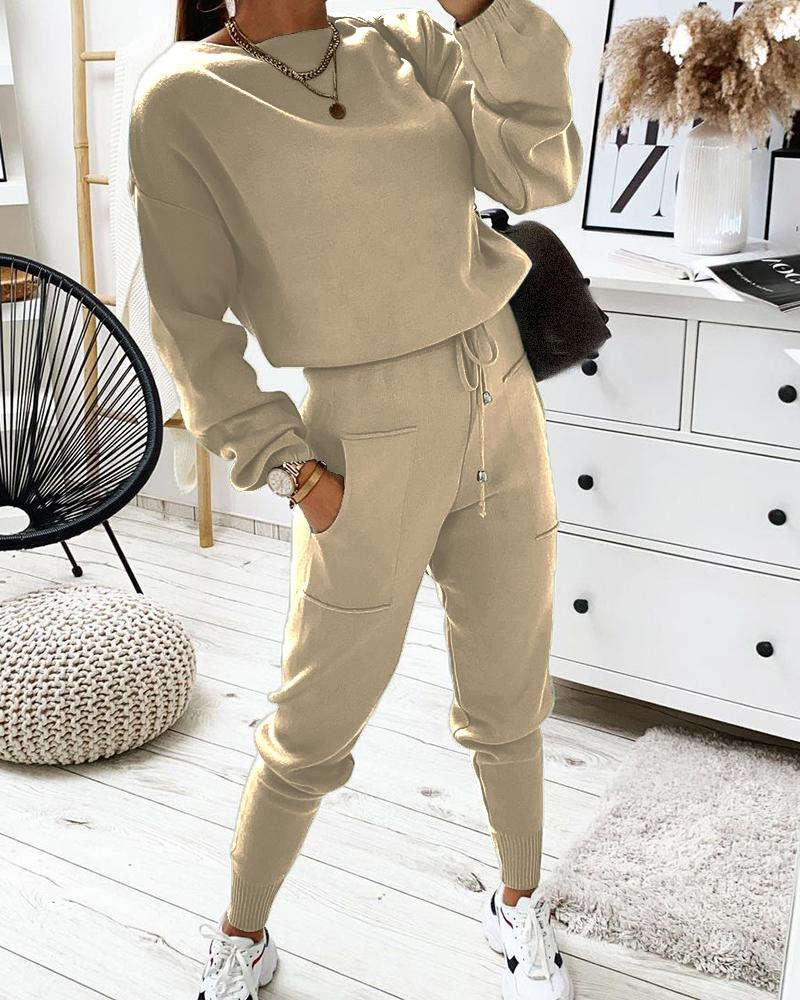 

Plain Long Sleeve Top & Drawstring Pants Set, Khaki
