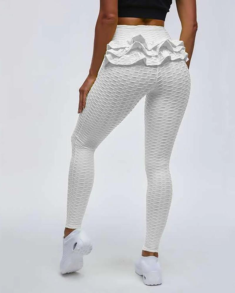 

Plain Textured Ruffle Hem Sports Leggings, White