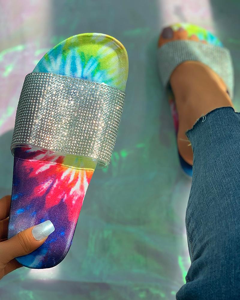 

Studded Tie Dye Open Toe Flat Sandals, Light blue