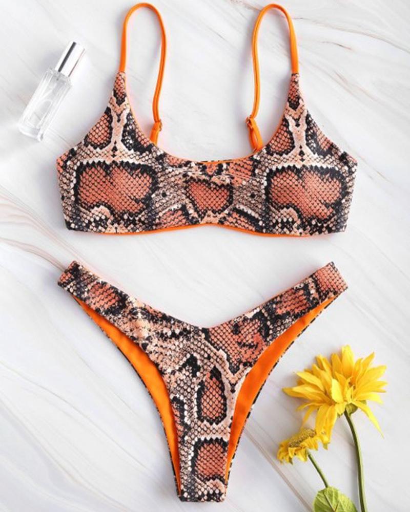 

Snakeskin Print Colorblock Padded Bikini Set, Orange