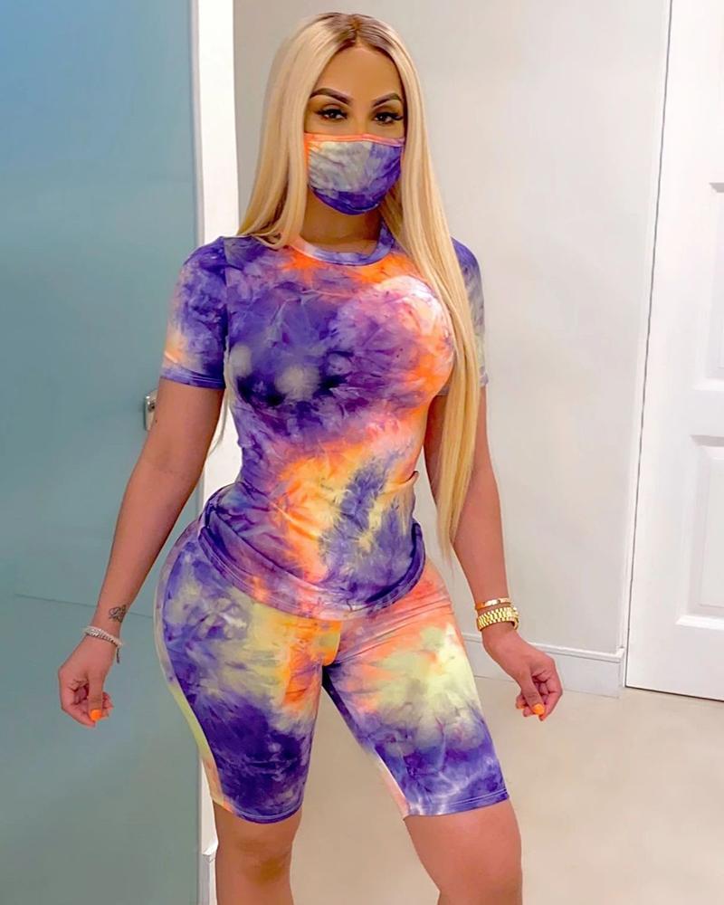 

Tie Dye Print Casual Top With Face Bandana & Shorts Set, Purple