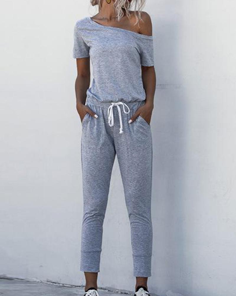 

One Shoulder Contrast Drawstring Jumpsuit, Gray