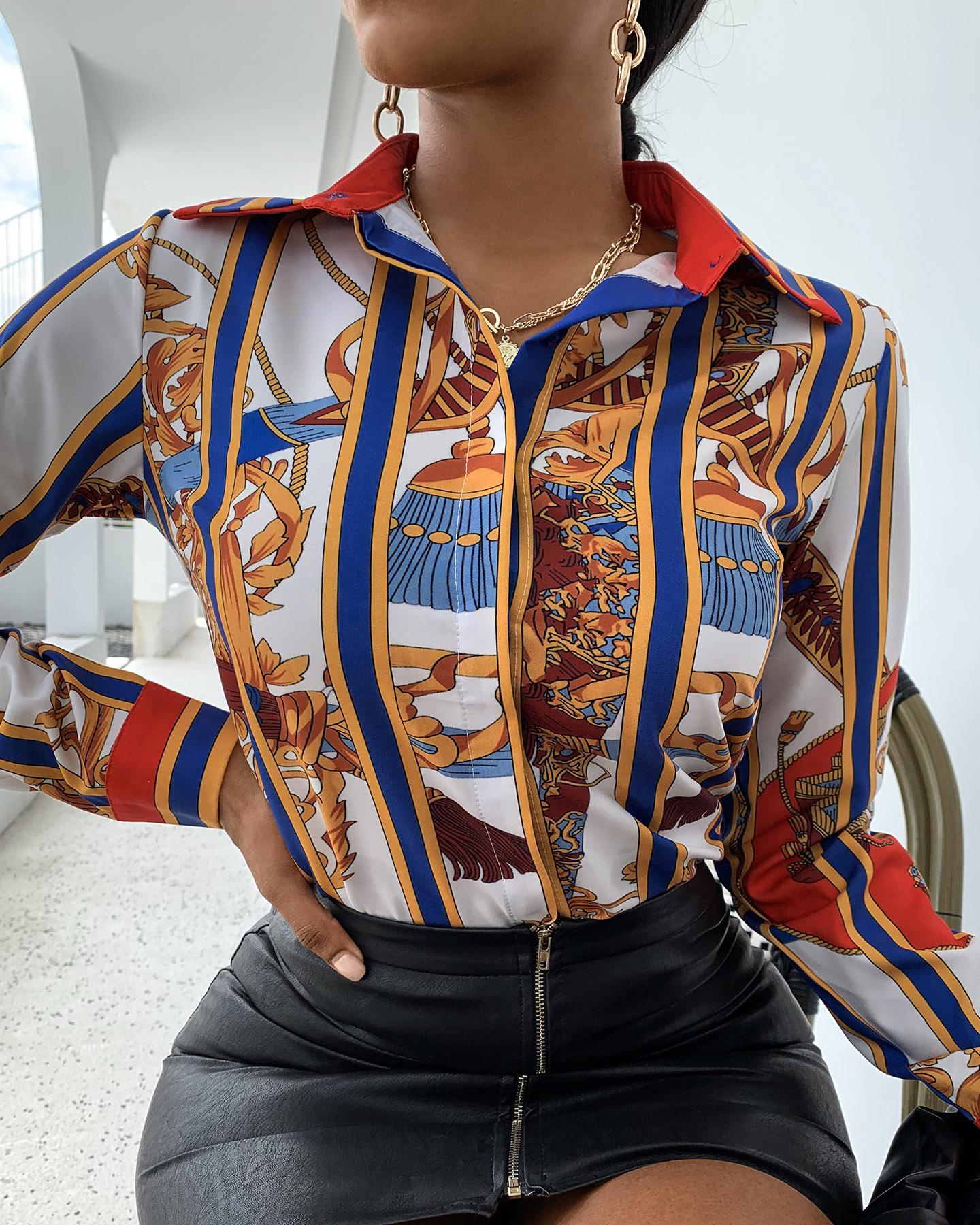 

Colorblock Long Sleeve Retro Print Shirt, Multicolor