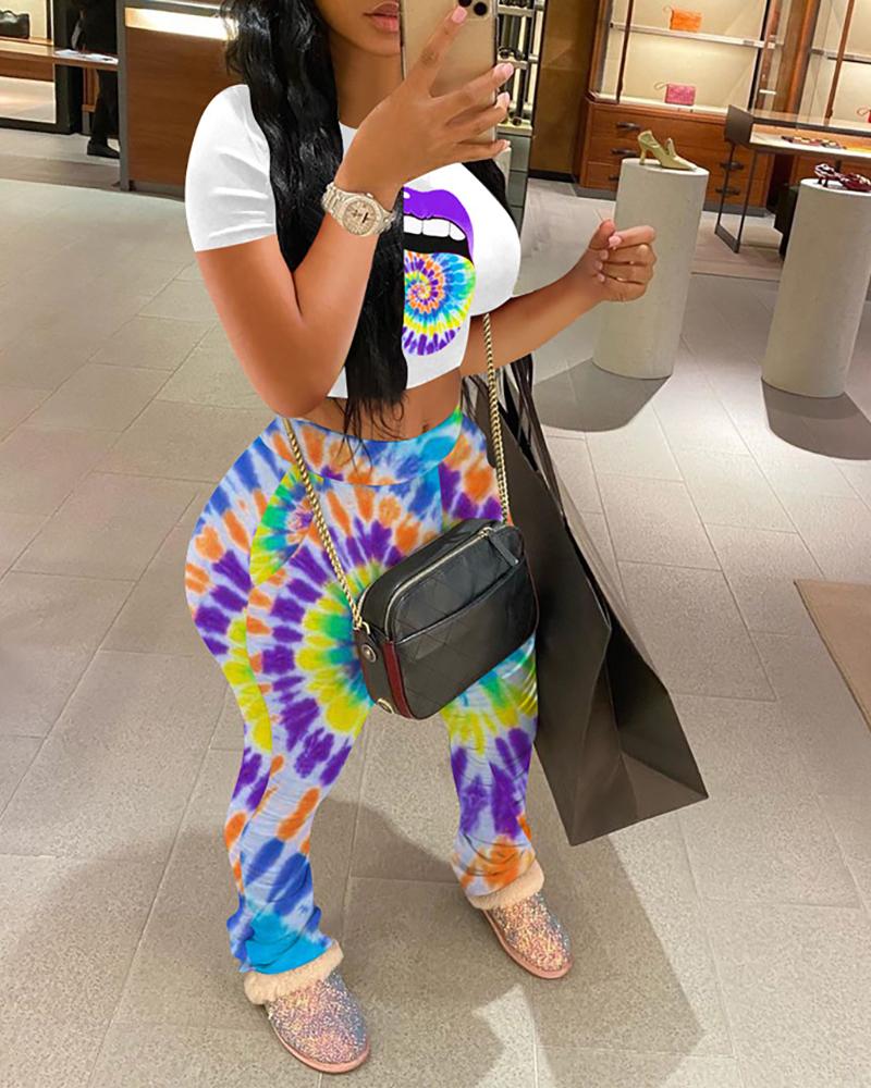 

Lip / Cheetah / Tie Dye Print Top & Ruched Pants Set, Blue