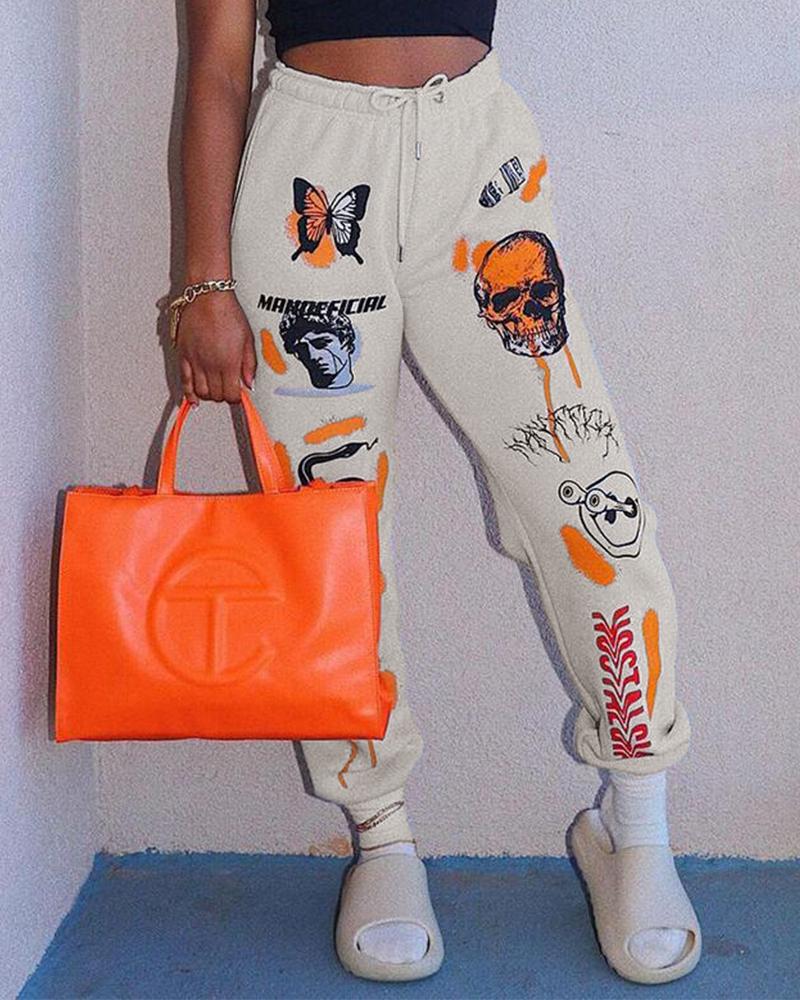 

Butterfly Graphic Print Eyelet Drawstring Pants, White