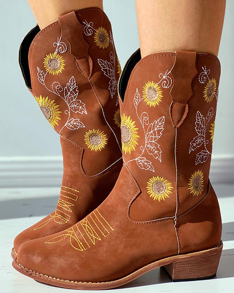 

Floral Embroidery PU / Suded Chunky Boots, Coffee