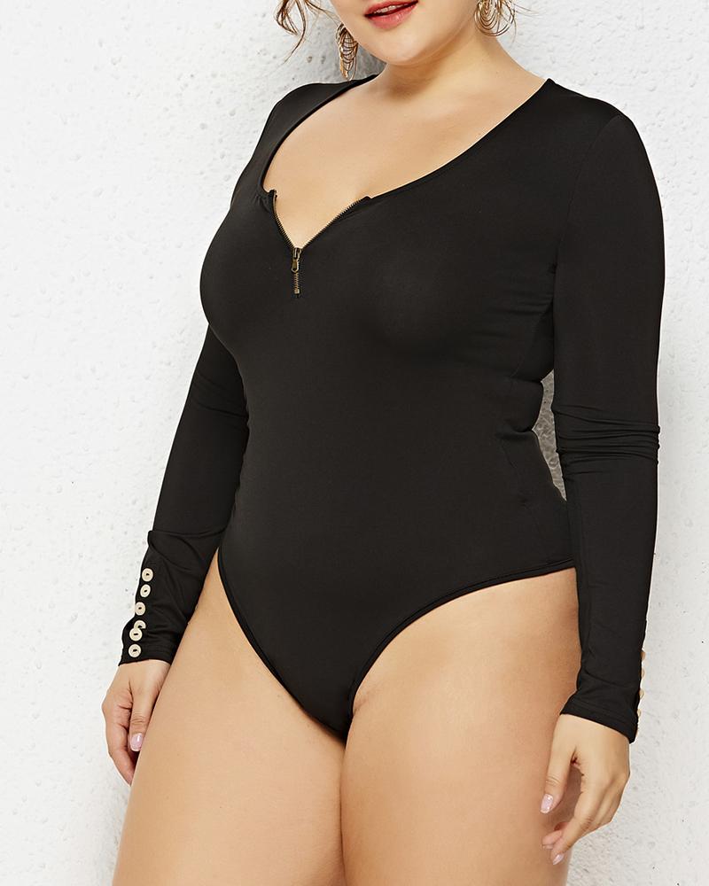 

Plus Size Zip Front Buttoned Long Sleeve Bodysuit, Black