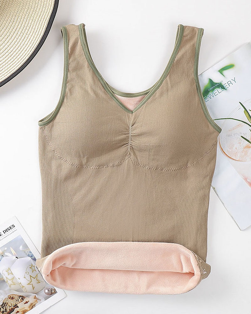 

Flannel Bra Vest Thermal Plush Underwear Thick Warm Elastic Tops, Khaki