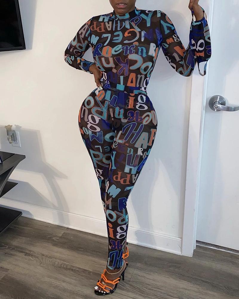 

Letter Print Long Sleeve Fitted Jumpsuit, Black