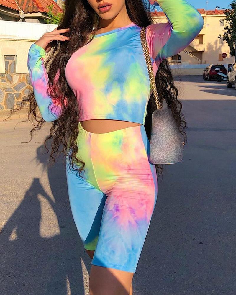 

Tie Dye Print Long Sleeve Top & High Waist Shorts Set, Multicolor