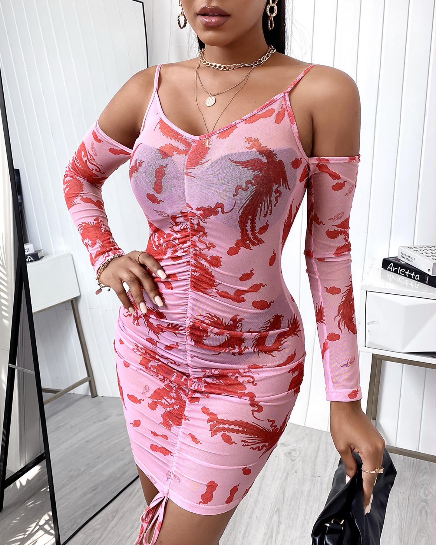 

Spaghetti Strap Cold Shoulder Dragon Print Bodycon Dress, Pink