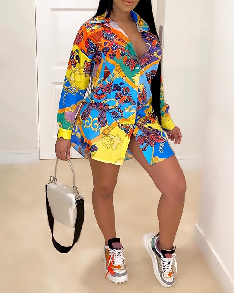 

Dollar Print Long Sleeve Button Design Shirt Dress, Multicolor
