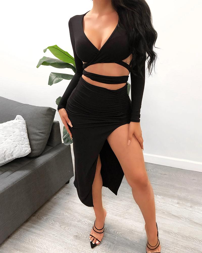 

Solid Hollow Out Design Crop Top & Ruched Slit Skirt, Black