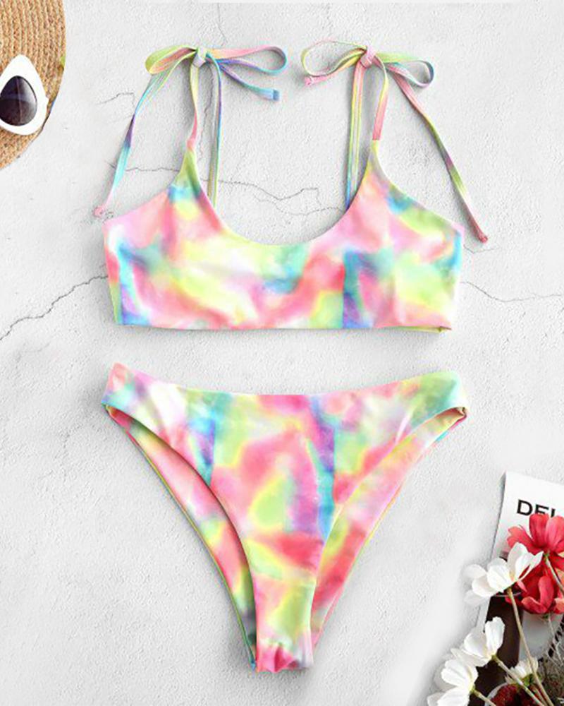 

Tie Dye / Cheetah Pattern Print Padded Bikini Set, Multicolor