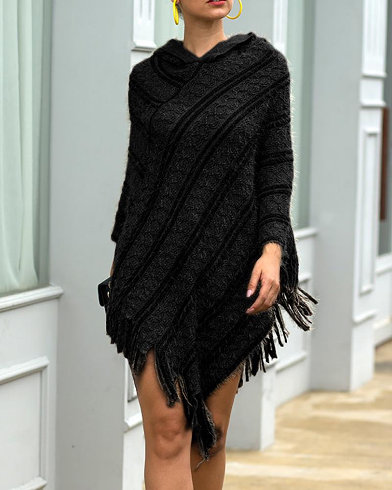 

Plain Tassel Design Cape Sweater, Black