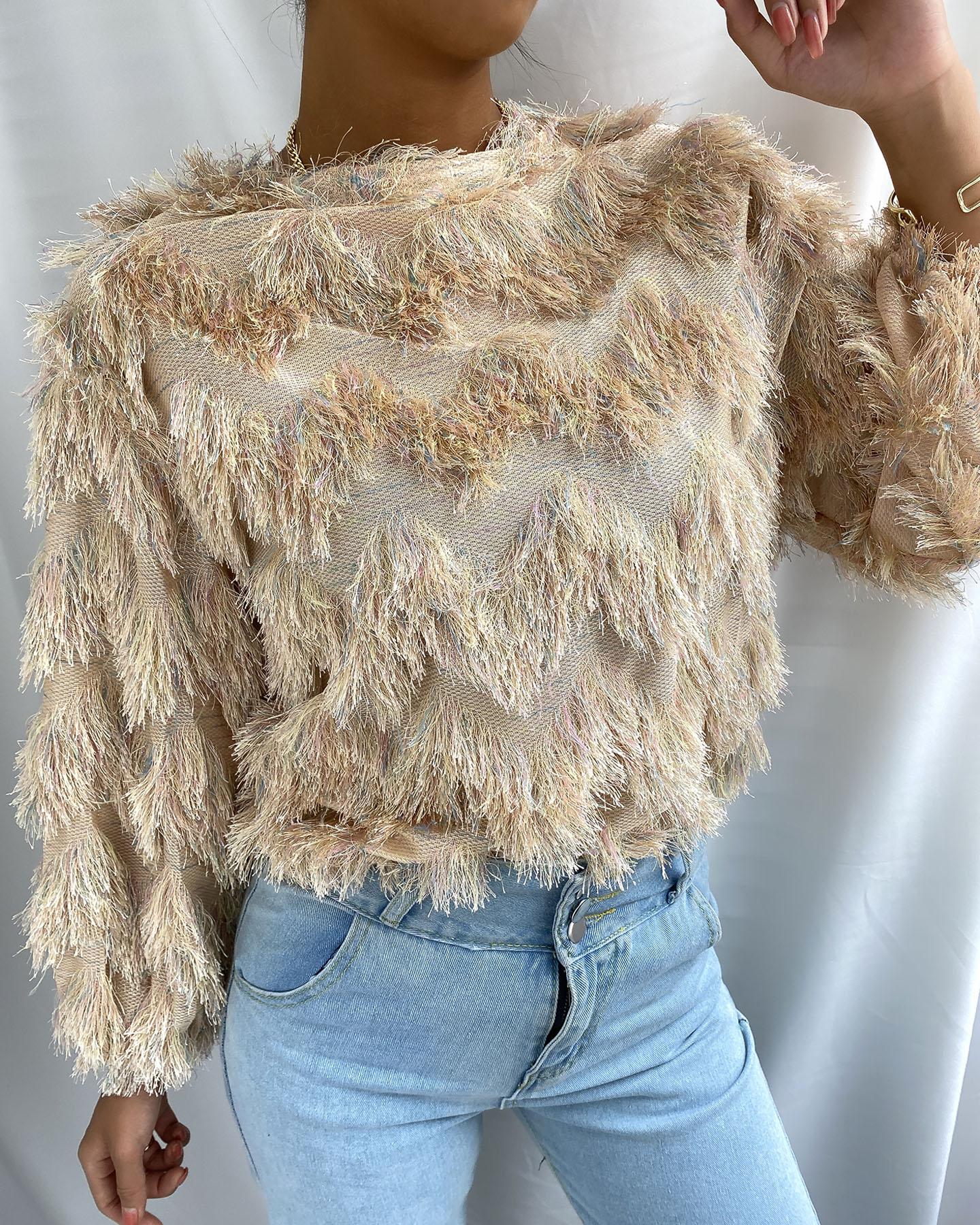 

Tassel Design Long Sleeve Chic Top, Khaki