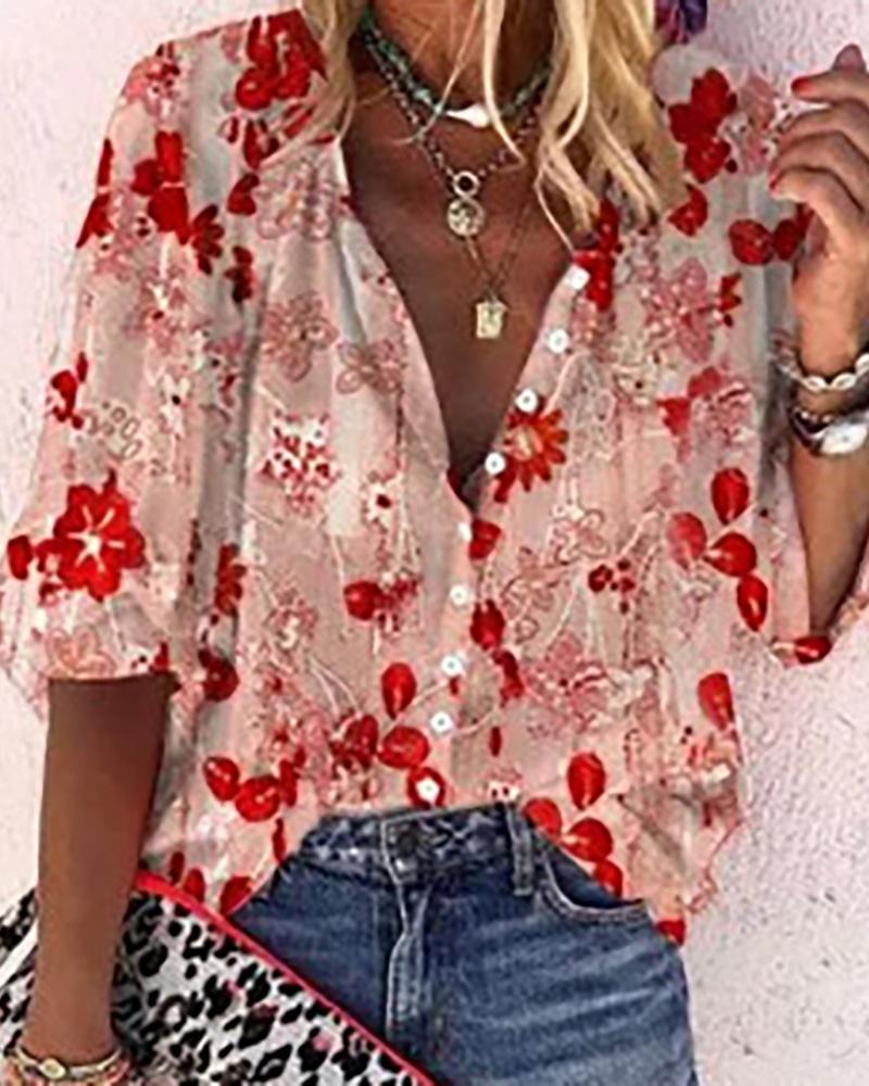 

Floral Print Long Sleeve Blouse, Pink
