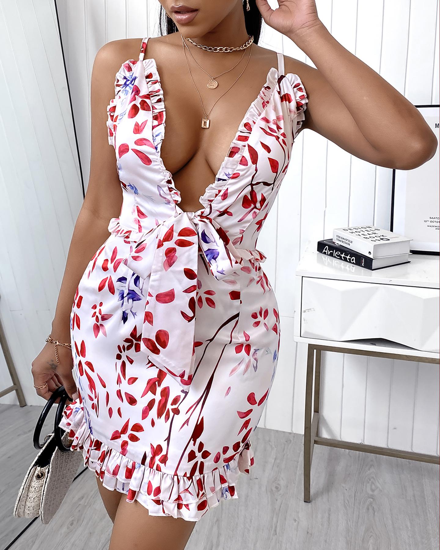 

Spaghetti Strap Floral Print Ruffles Hem Dress, Multicolor