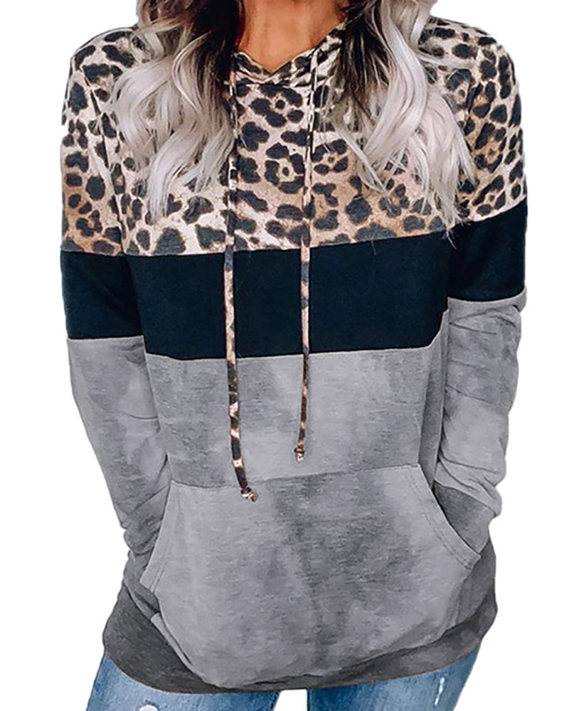 

Cheetah Print Colorblock Pocket Design Casual Hoodie, Light gray