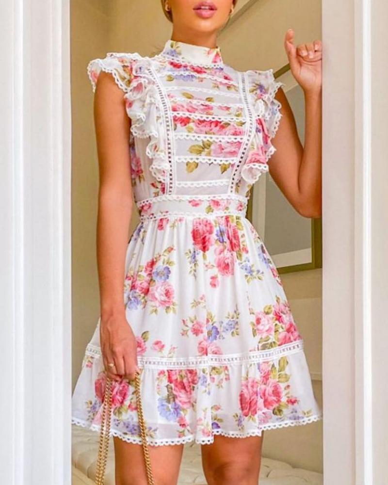 

Floral Print Mock Neck Ruffles Dress, Multicolor