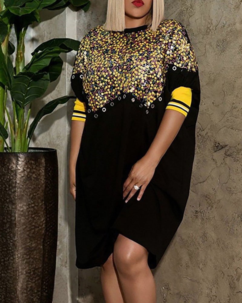 

Plus Size Sequins Eyelet Colorblock Work Dress, Black