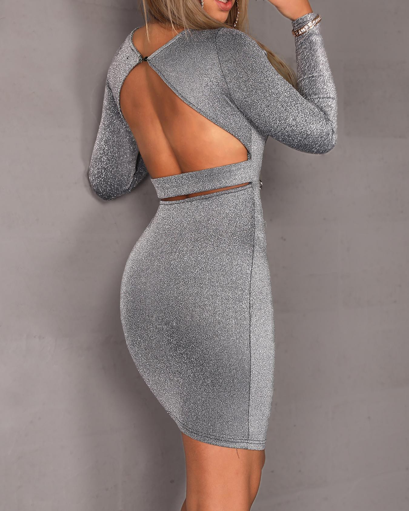 shinny open back long sleeve bodycon mini dress