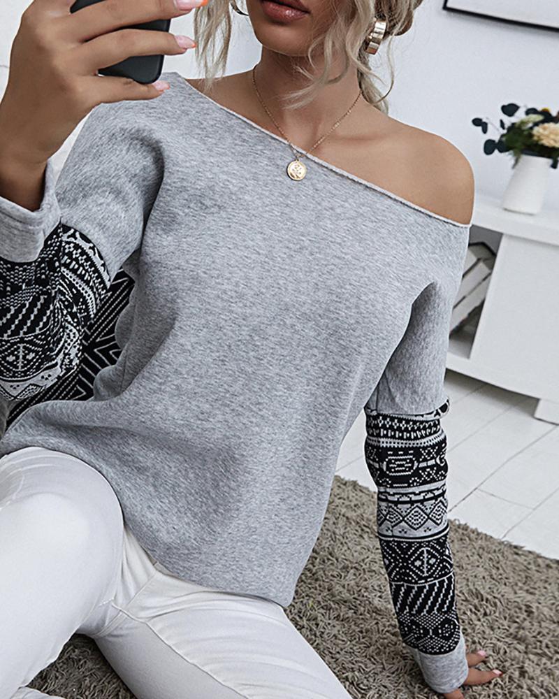 

Graphic Print Colorblock Long Sleeve Top, Gray