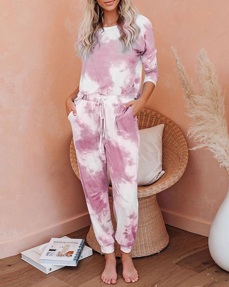 

Tie Dye Print Pocket Design Drawstring Pajamas Set, Pink