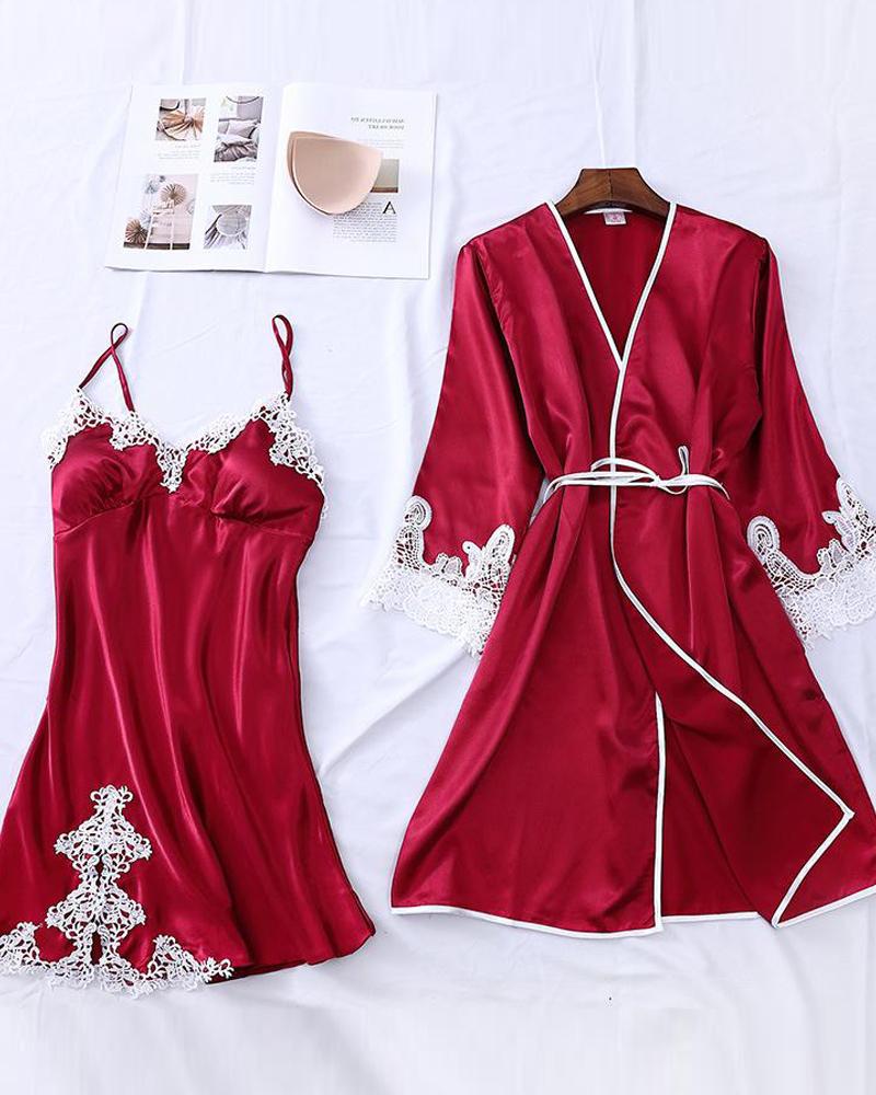 

Contrast Lace Trim Robe & Camisole Set, Red