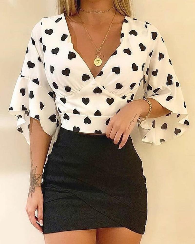 

Heart Print Half Sleeve V Neck Top & Skirt Set, Black