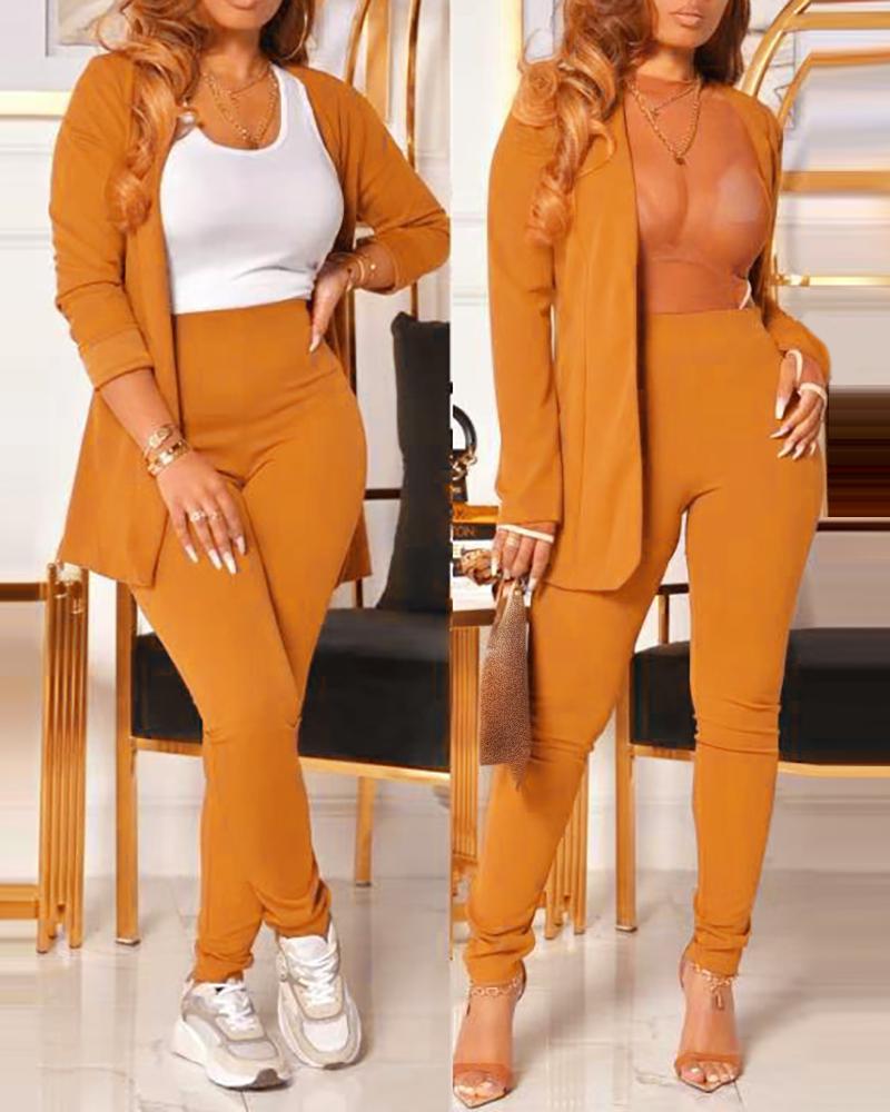 

Plain Long Sleeve Blazer Coat & High Waist Pants Set, Yellow