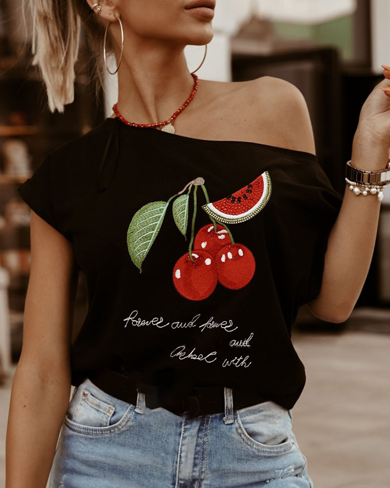 

Fruit Print Round Neck T-Shirt, Black