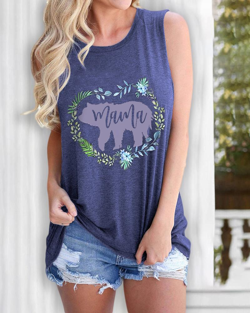 

Letter / Floral / Bear Print Casual Tank Top, Blue