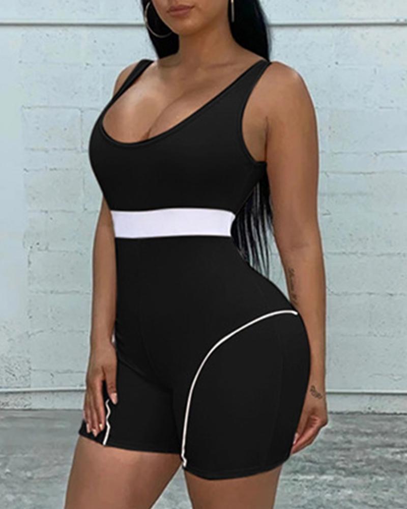 

Sport Color Block Sling Skinny Knitted Romper, Black