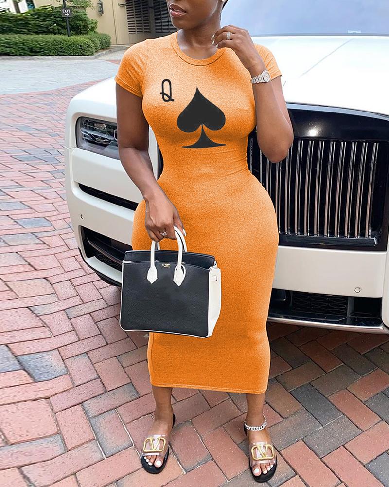 

Poker Print Solid Midi-calf Bodycon Dress, Orange