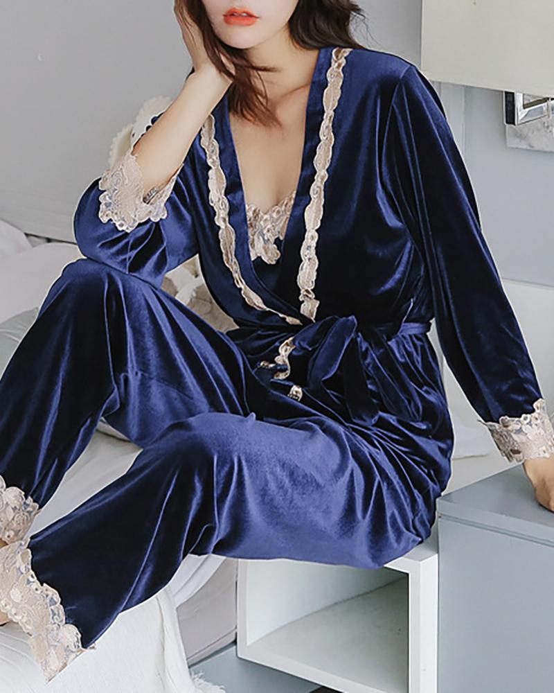 

3PCS Lace Trim Velvet Pajamas Set, Dark blue